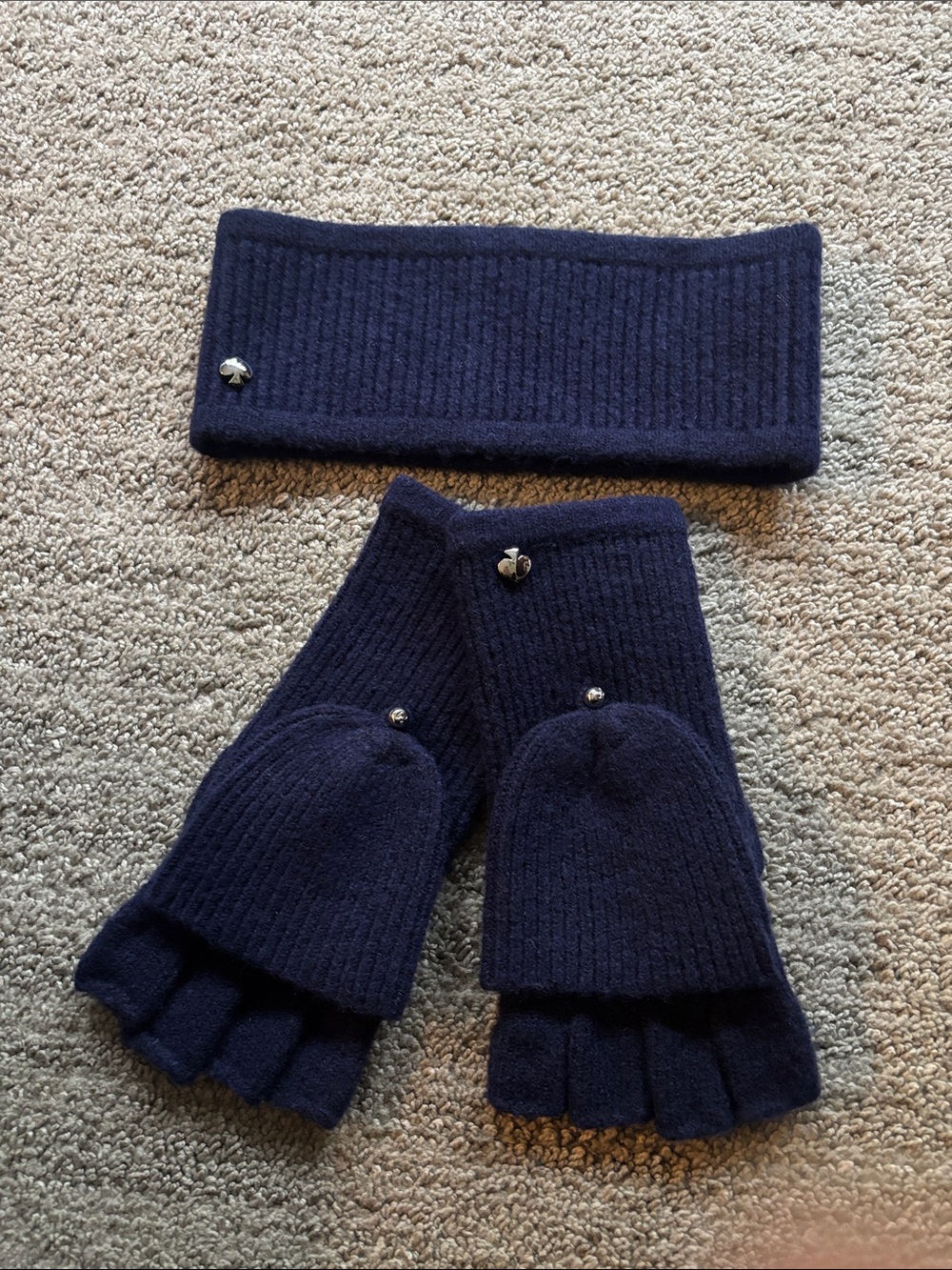 kate spade Navy Ribbed Convertible Fingerless Gloves with Matching Headband
